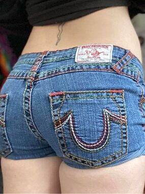 True Religion Short Denim Hotpants with Multicolor Stitching